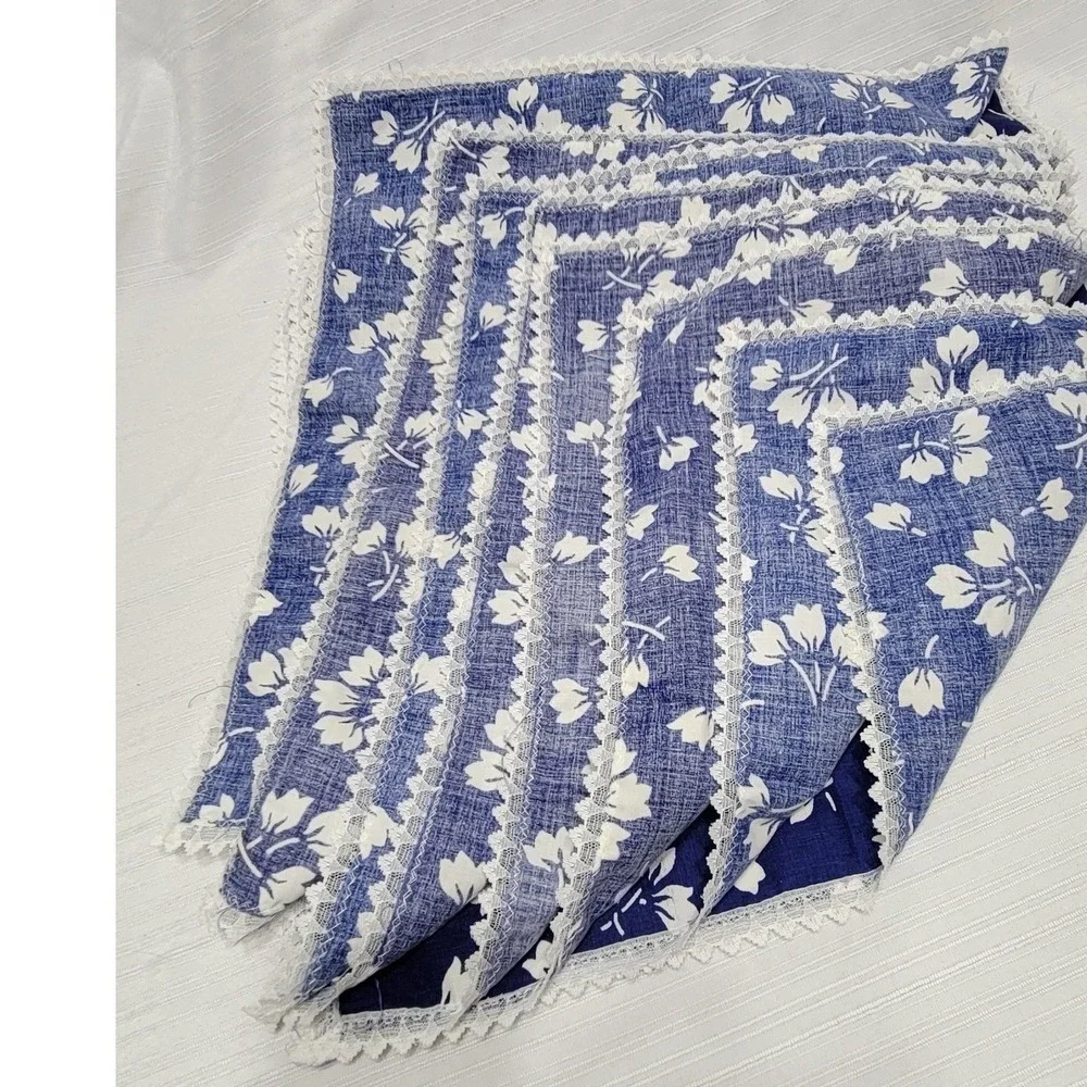 Vintage Blue White Floral Cloth Napkins Set of 8 Lace Trim Farmhouse Cottagecore